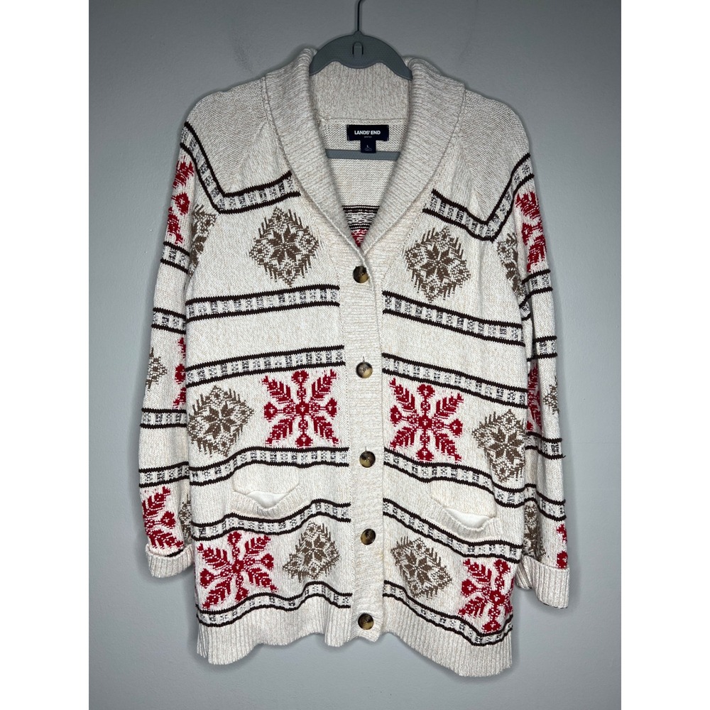 Lands' End Drifter Fair Isle Nordic Shawl Collar Cardigan Sweater Sz L Snowflake